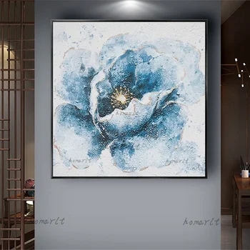Современная абстрактная картина на холсте с синим цветком, декор для гостиной, Спальни, ручная роспись, Картины маслом для дома, настенное искусство