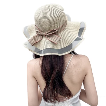 Соломенная шляпа с бантом, женская летняя пляжная шляпа, Прозрачная сетчатая шляпа от Солнца с волнистым краем, милая шляпа для отдыха на море для девочек, защита от ультрафиолета