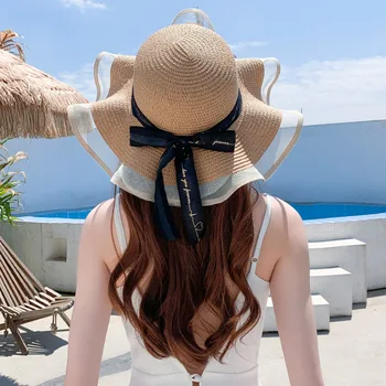 Соломенная шляпа с кружевной лентой, уличная женская шляпа с галстуком-бабочкой для девочек, солнцезащитная шляпа с волнистым козырьком, солнцезащитные кепки, милые