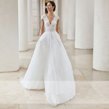 Строго wd363-line свадебное платье с длинным Винтаж кружева тюль V шеи Cap рукава невесты платье со шлейфом кнопки