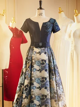 Темно-синие атласные платья для Матери Невесты с принтом 2022, Элегантные Женские свадебные платья Миди Трапециевидной формы с круглым вырезом и чайной длиной