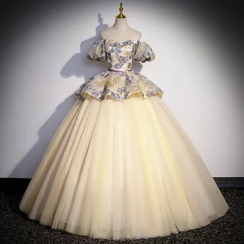 темперамент элегантное бальное платье в стиле пэчворк с пятнистой сеткой, свадебное праздничное платье, вечернее платье на одно плечо, платья для выпускного вечера с пышными рукавами