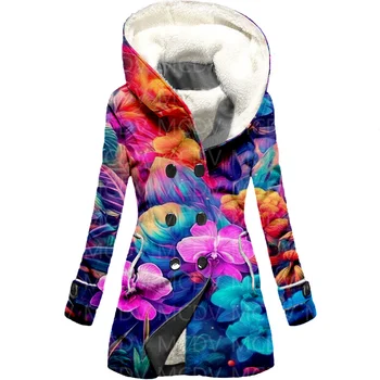 Флисовый плащ с капюшоном с цветочным 3D принтом, Женское толстое теплое пальто, Женское зимнее теплое пальто 02