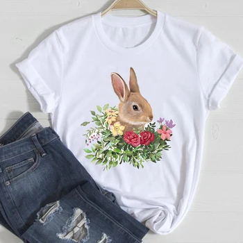 Футболки Женские с кроликом/жирафом, сладкий цветок, цветочный рисунок 90-х, Весна-лето, Модная одежда, стильная футболка, топ, женская футболка с принтом, футболка