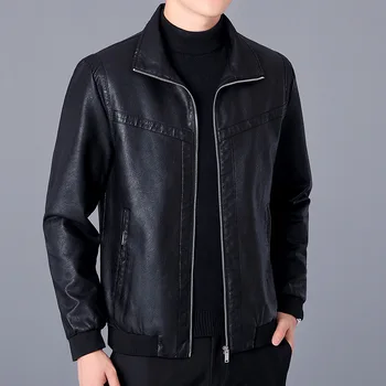Черная осенняя мужская куртка, кожаное пальто, лаконичные куртки-бомберы для молодых людей, Весенняя кожаная куртка на молнии для мужчин, большие размеры M-5XL MY266