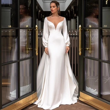Шикарное белоснежное свадебное платье-футляр со съемным шлейфом для невест, иллюзионные женские свадебные платья с V-образным вырезом и длинным рукавом, расшитые бисером