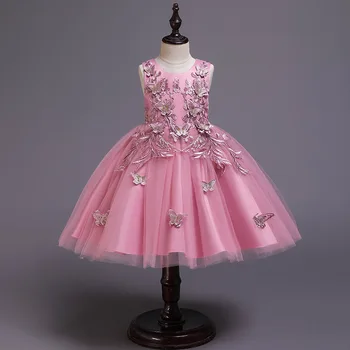 Элегантные Кружевные платья Принцессы С аппликацией в виде бабочки для девочек, Детское Сетчатое Праздничное Свадебное платье для маленьких девочек, Детская летняя одежда